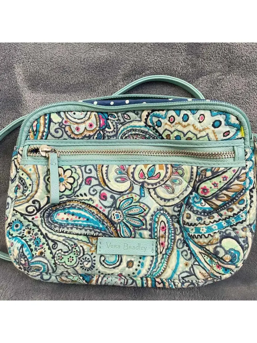 Vera Bradley RFID All in One Crossbody Bag Quilted Paisley Turquoise Blue Wallet
